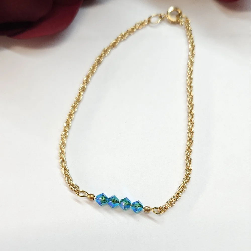 Handmade Teal Blue AB Crystal Bar Bracelet Gold Chain